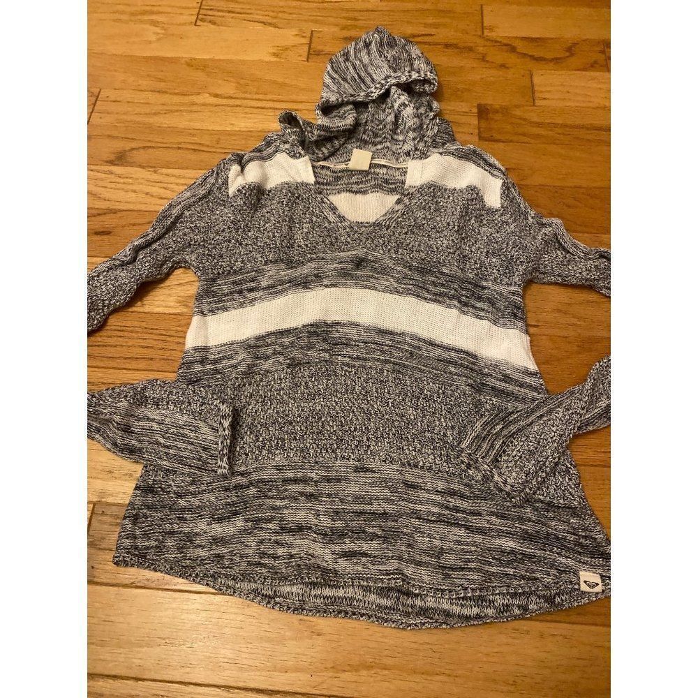 Roxy womens grey white striped v-neck hooded lightweight knit pullover sweater M